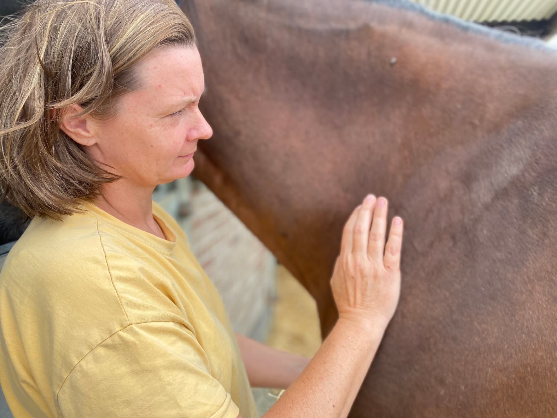 Laurence met haar hand op de rug van een paard